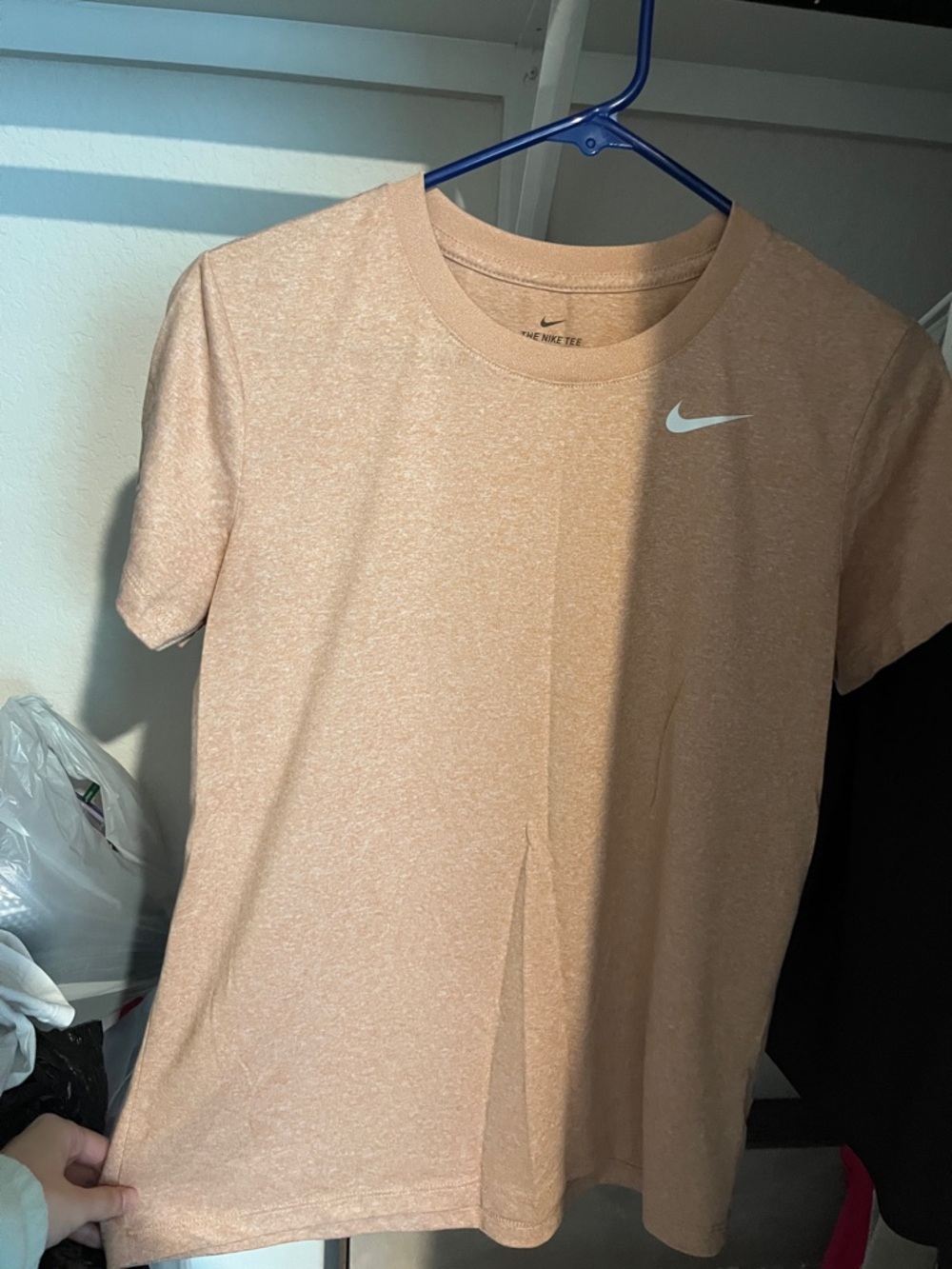 Nike women’s Heather Peach Short Sleeve Tee with White Swoosh
